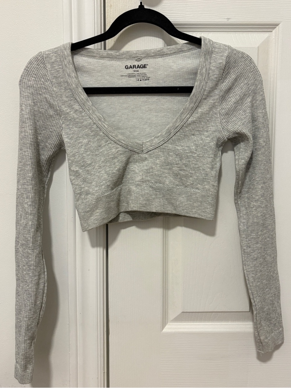 Garage Heather Gray Ribbed V-Neck Cropped Long Sleeve Top